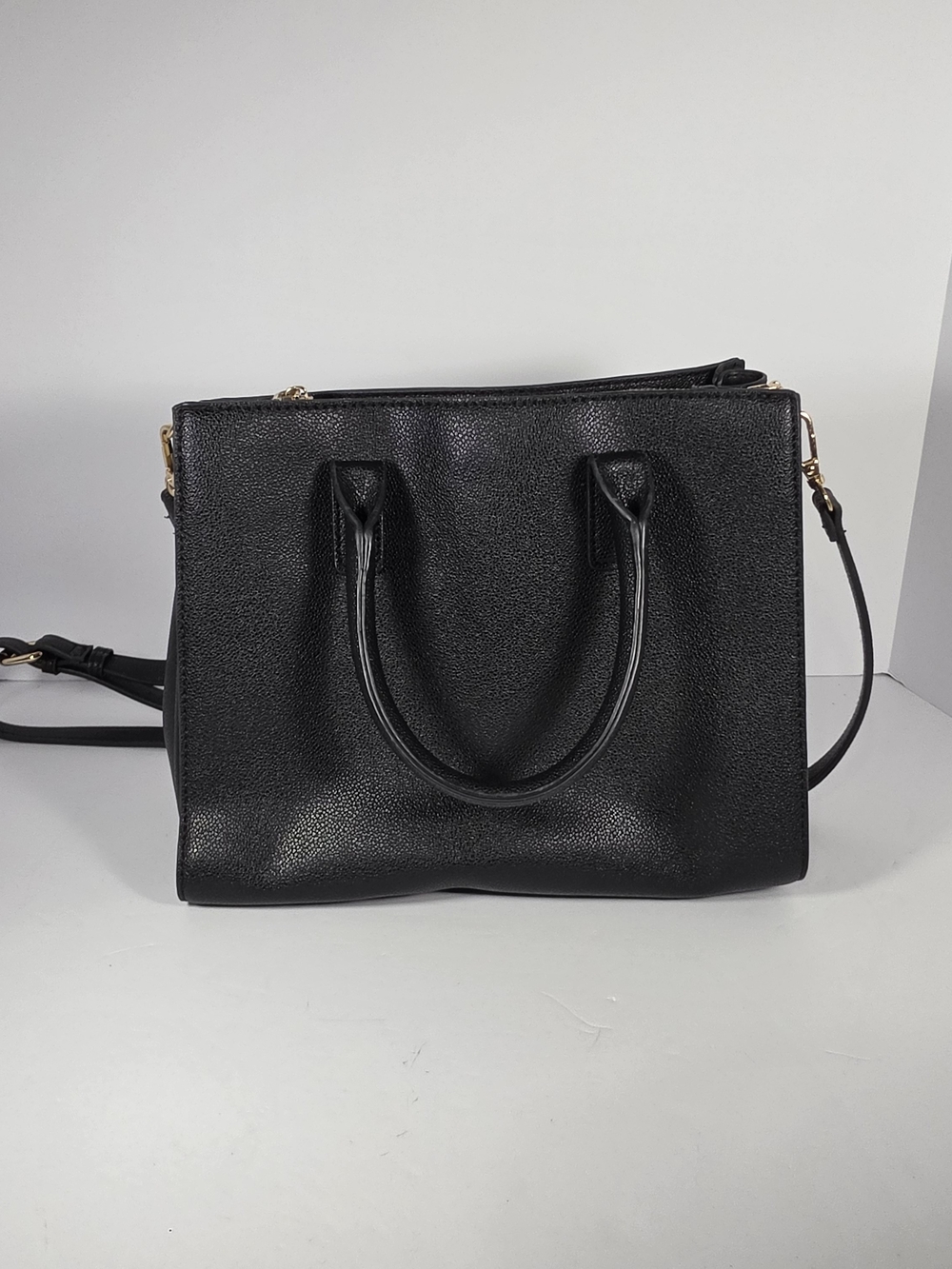 Madison West Black Pebbled Top-Handle Shoulder Bag with Gold Accents